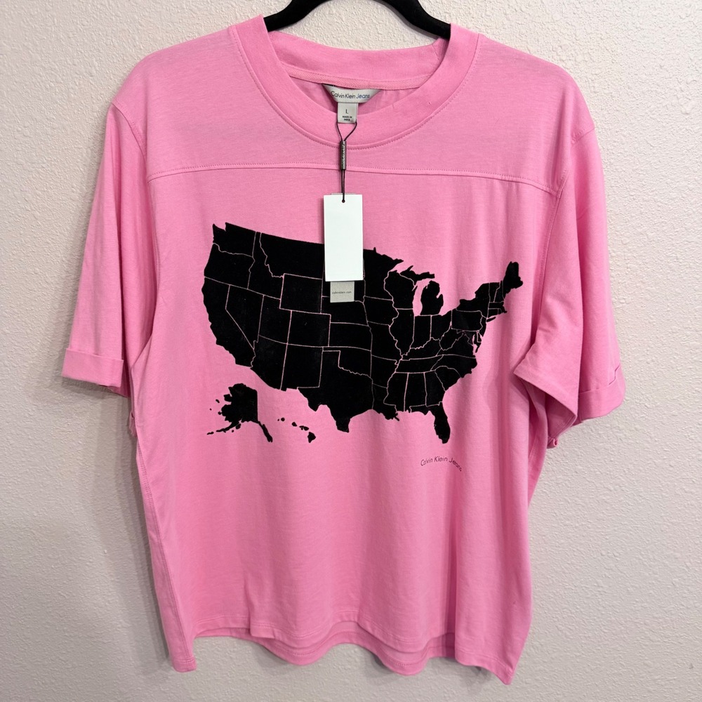 Calvin Klein Jeans Wild Orchid Pink USA Map Flocked Graphic T-Shirt L 42H5582
